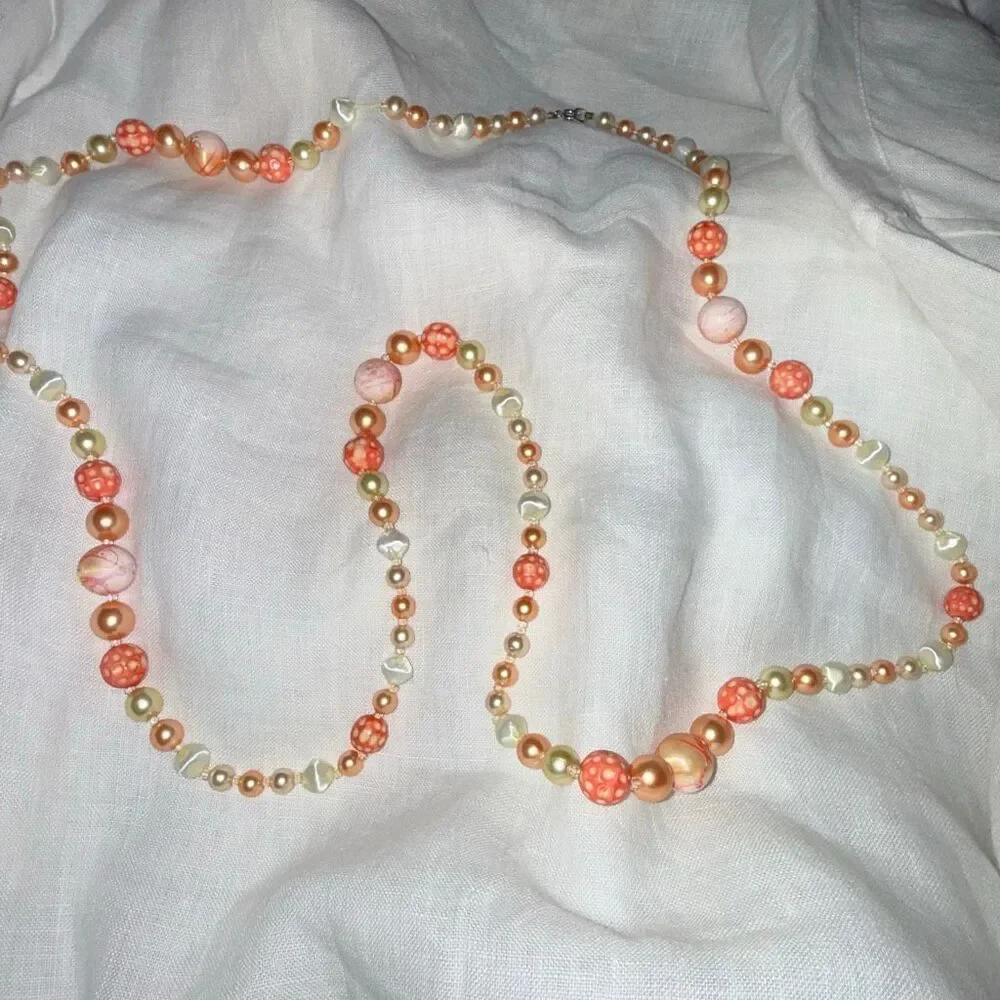 Vintage 1950s Art Glass Pearl Necklace Set 34” C Clasp &‎ 25” Layered Coral Pink